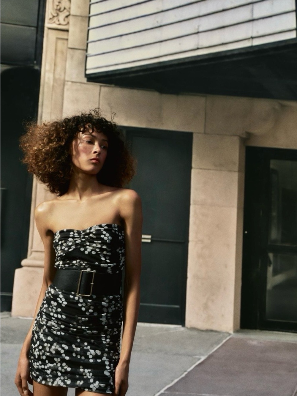 Zara Black&White Strapless Black Polka Dot Strapless Dress with Wide Belt